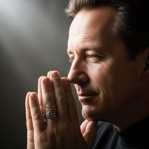 person in quiet reflection, wearing a religious ring