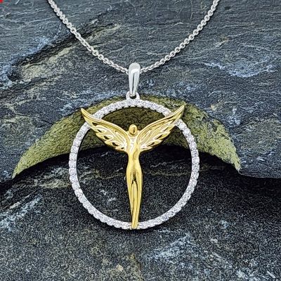 Lab Diamond Two Tone Silver Guardian Angel Rhodium Necklace
