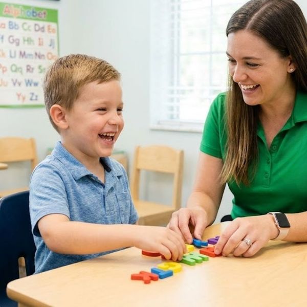 therapist doing letter activity with child