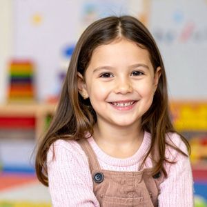 a little girl with brown hair smiling 
