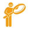 an animated icon of a man holding a magnifing class that is the same size as him, and leaning down to look at something