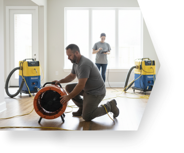 restoration crew sets up industrial fans to dry out home after flood 