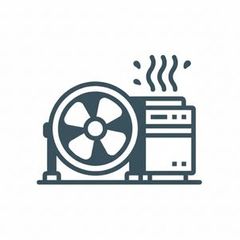 A blue icon of an industrial fan next to a dehumidifier with wavy lines indicating heat or moisture removal, on a white background.