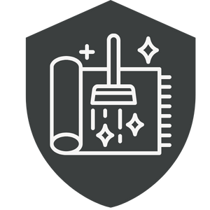 a broom sweeping a rolled-up rug with sparkle effects, indicating cleaning