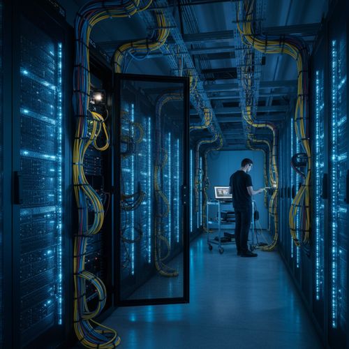 Server room with glowing blue racks and network cables. datacenter.jpg