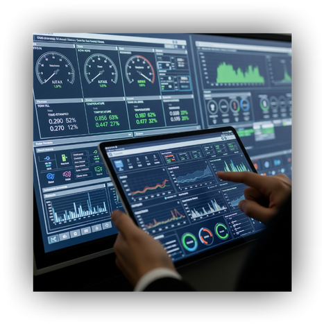 An industrial SCADA dashboard displaying time-stamped flow data, temperature, and tank levels
