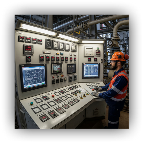 Industrial control panel in use at an oil and gas facility