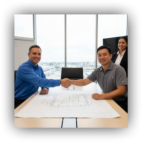 A G&C project manager shaking hands with a plant operations lead in a conference room, with a finalized project blueprint on the table, symbolizing the successful completion of a turnkey project.
