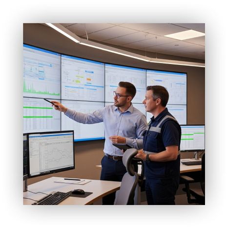 two men looking at data through their SCADA system two men looking at data through their SCADA system
