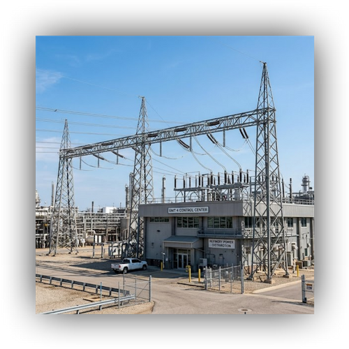 High-voltage lines connecting to refinery control building.