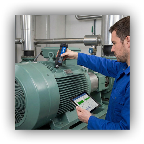 A technician uses a handheld diagnostic tool to check a large industrial compressor.