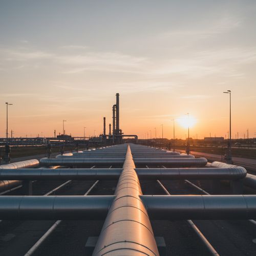 An industrial pipeline network expanding into the distance at sunrise. gaspipeline.jpg