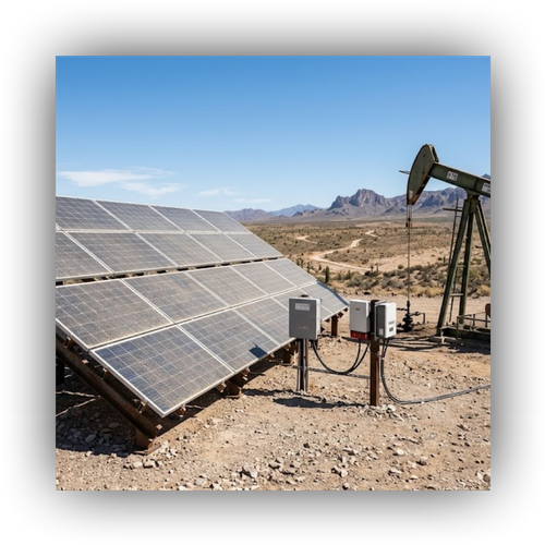 Desert landscape with industrial solar powering remote wellhead.