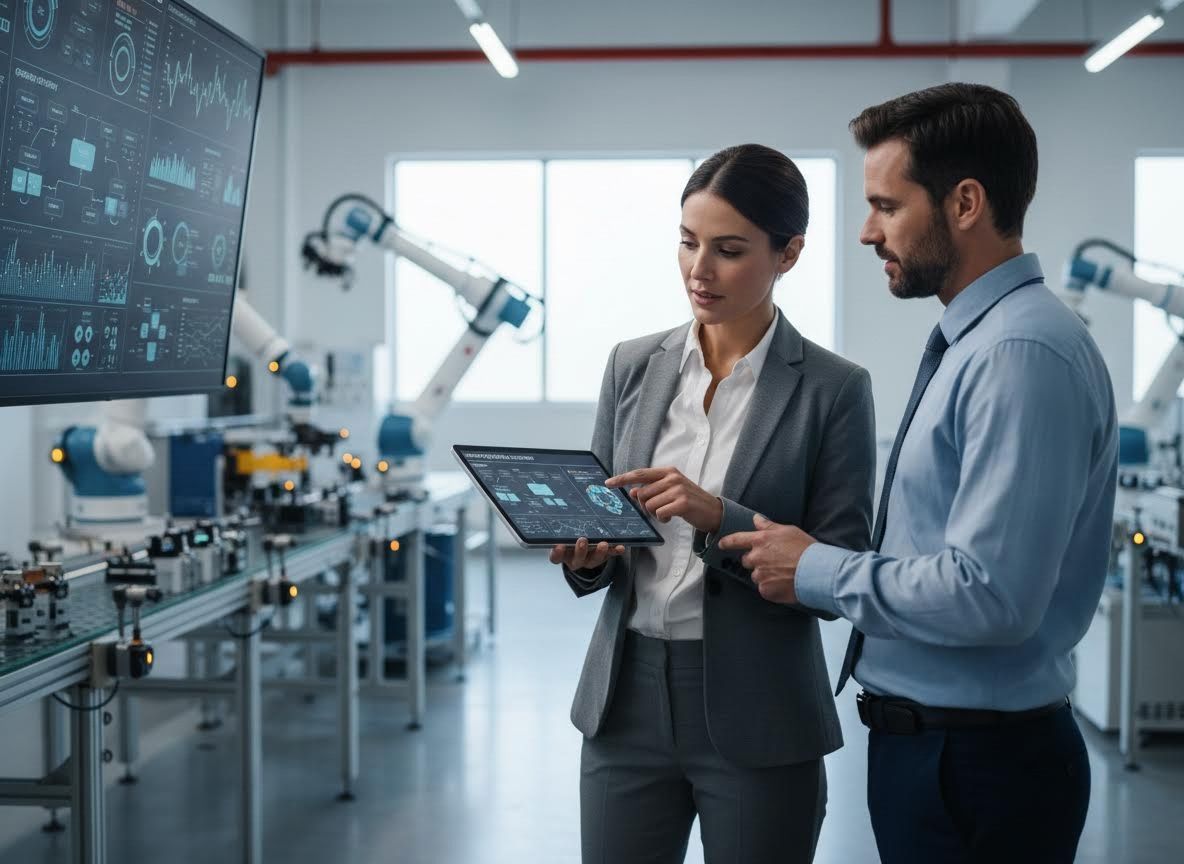 Business professionals analyzing data in a smart factory with robotic arms