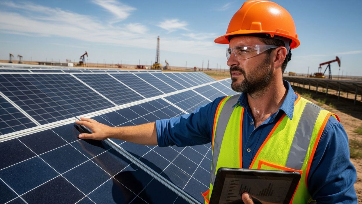 technician inspecting solar panels in desert