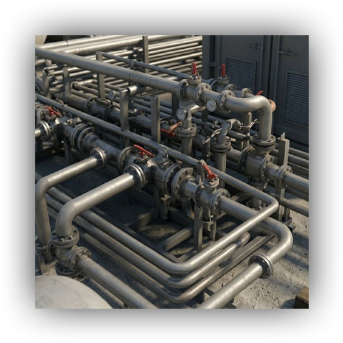 Close-up of a vertically engineered piping manifold on an oil skid, featuring tightly organized steel pipes and automated valves to minimize footprint.