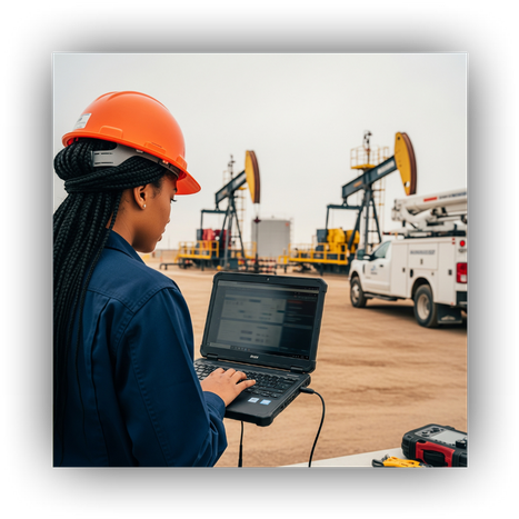 A field technician analyzing remote diagnostics on a rugged laptop before heading out