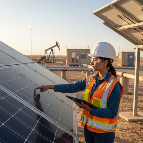 A female engineer in a hard hat and safety vest inspects industrial solar panels at a remote facility. solarpanel.jpg