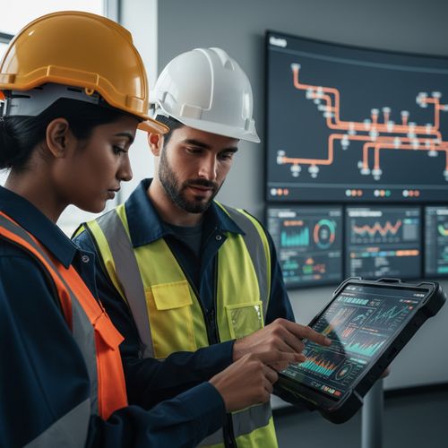 Two engineers in hard hats and safety vests review data on a tablet in a modern control room. construction1.jpg
