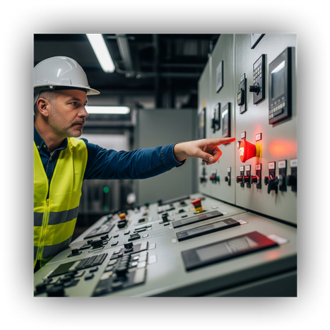 An engineer indicating the emergency stop button on an industrial control panel.