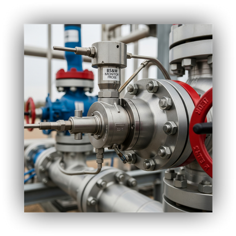A close-up shot of a BS&W monitor probe and its housing integrated into the main pipeline of a LACT skid.