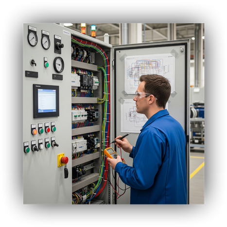 A technician inspecting a custom-built industrial control panel.