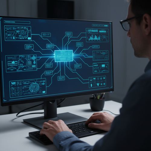 A cybersecurity professional is intensely focused on a computer screen displaying complex network defense systems in a dimly lit office. image1.jpg