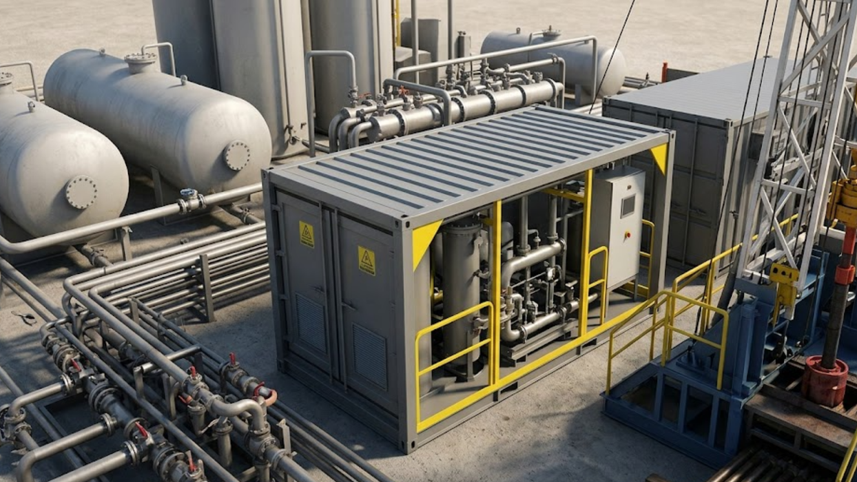 Realistic 3D render of a compact industrial LACT skid in gray and yellow, positioned in the corner of a busy oil well pad with complex piping and infrastructure.