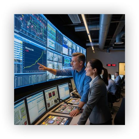 man and woman looking at data through screens on their SCADA system man and woman looking at data through screens on their SCADA system