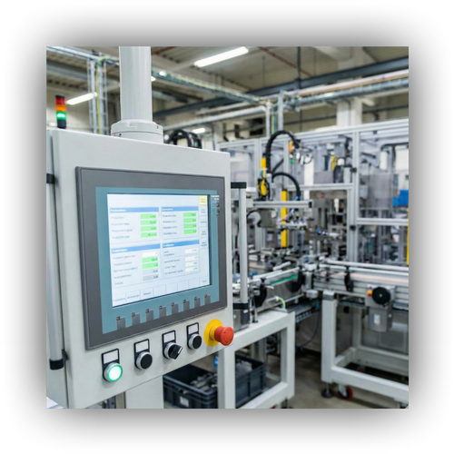 A control panel with a lit HMI screen displays production data in a busy automated manufacturing facility.