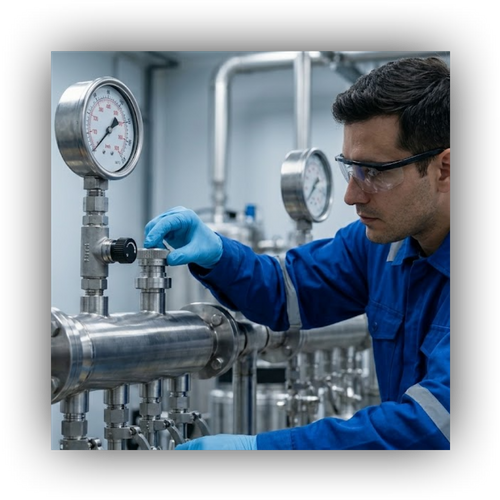 A technician in safety gear precisely turning a calibration dial.