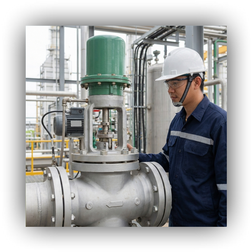 A safety engineer inspects an automated pressure safety valve in a petrochemical plant.