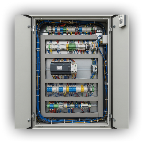The interior of an open industrial control panel, showing a PLC and neatly organized wiring and terminal blocks.