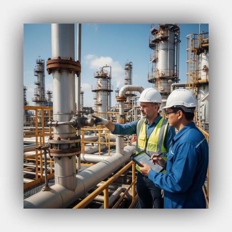 A complex network of pipes and distillation columns at a refinery with a consultant pointing to a specific flow sensor, illustrating an audit.