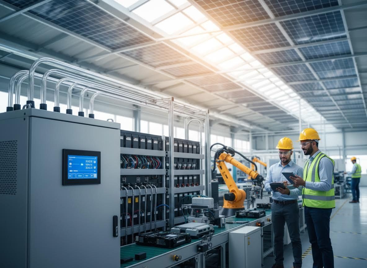 Engineers monitoring smart factory operations under solar-paneled roof