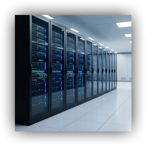 Interior shot of a clean, modern, minimalist server room inside a cloud data center, featuring rows of sleek, integrated server racks glowing with subtle blue lights, emphasizing the absence of bulky on-premise legacy hardware.