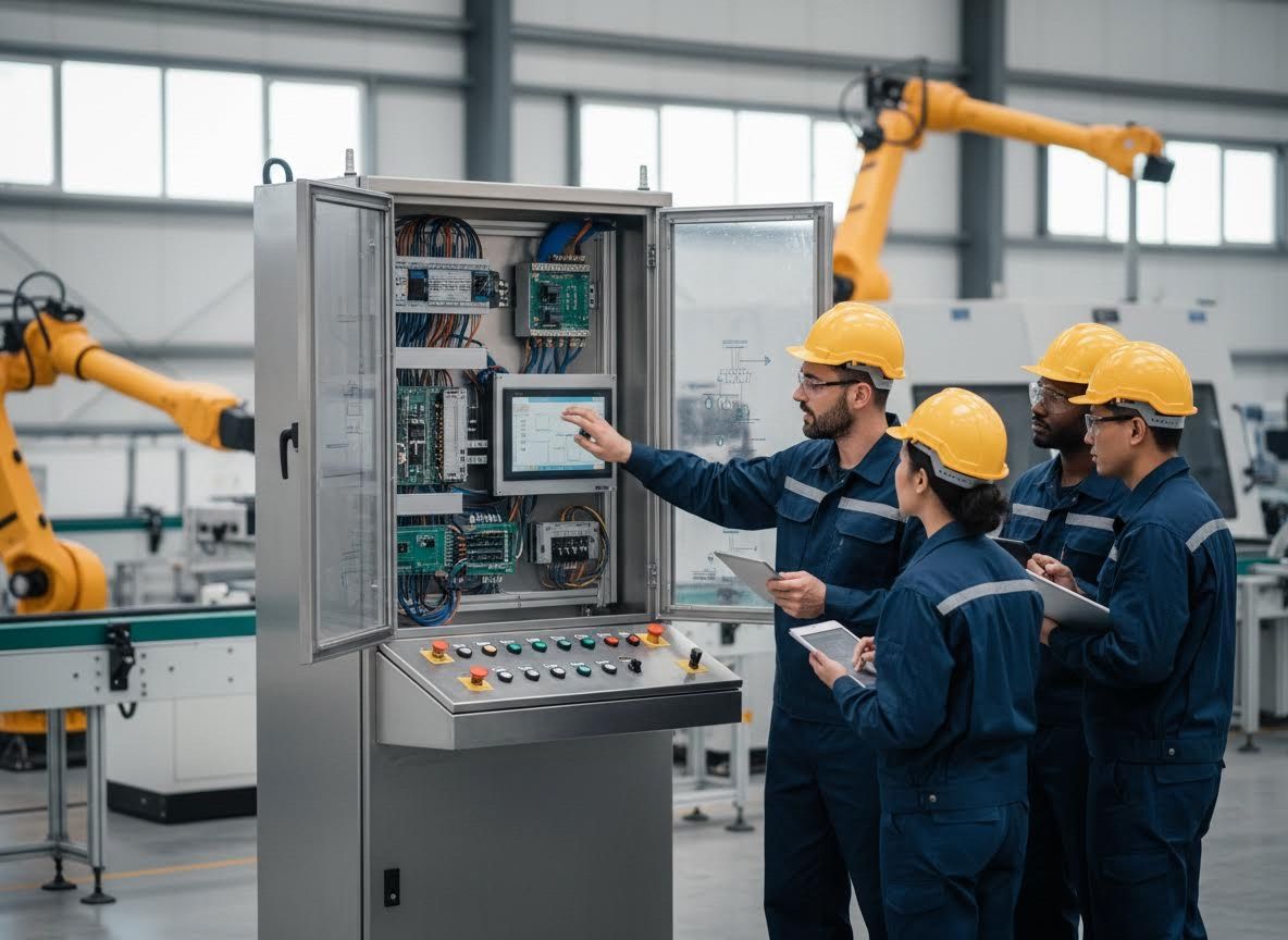 Engineers inspecting industrial control panel