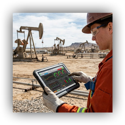 A female field worker wearing full protective equipment (hardhat, harness) in a sunny oilfield, interacting with a rugged tablet displaying a complex, real-time SCADA graphical interface with graphs and data, with operating pump jacks in the background.