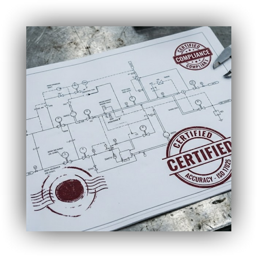 An industrial schematic document with official compliance certification stamps.