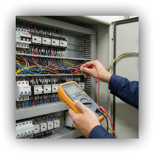 A technician uses a multimeter to test wiring connections inside an open industrial control panel.