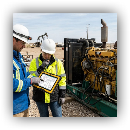 Field engineers in safety gear reviewing schematics on a tablet.