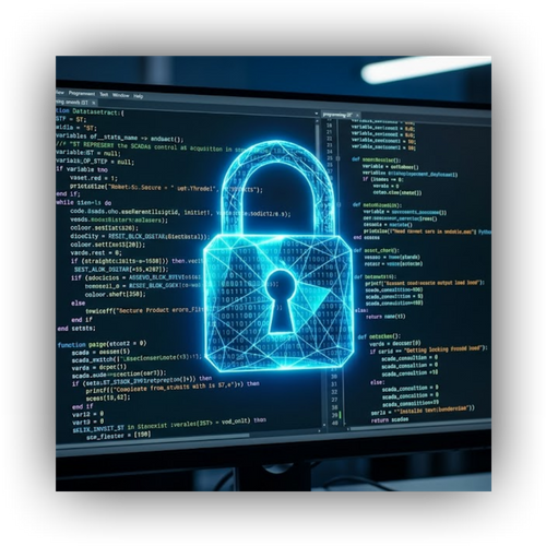 Conceptual visualization of a large, intricate, glowing cyan digital padlock overlaid centrally on a screen displaying lines of complex SCADA programming code with colored syntax highlighting, representing robust cybersecurity protection.