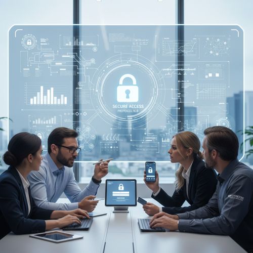 A diverse team discussing secure access protocols for industrial systems in a modern office. secure.jpg