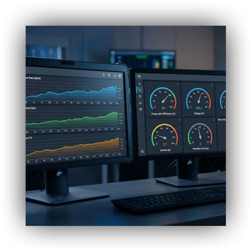Dual-screen industrial dashboard console in a control room displaying colorful performance graphs with upward trends and digital gauges with green statuses, representing data tracking and system scalability.