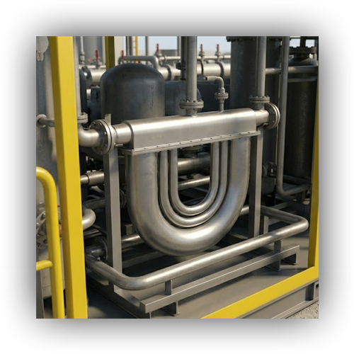 High-definition close-up of a stainless steel Coriolis LACT meter integrated into a compact metal skid frame for precision oil measurement.