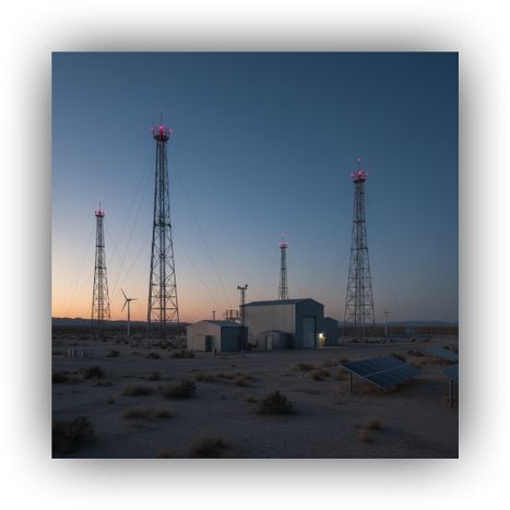 A stark, remote industrial site with communication towers under a wide-open sky, highlighting its isolation and power challenges.