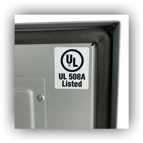 A close-up view of a "UL 508A Listed" label applied to the inside door of an industrial control panel.