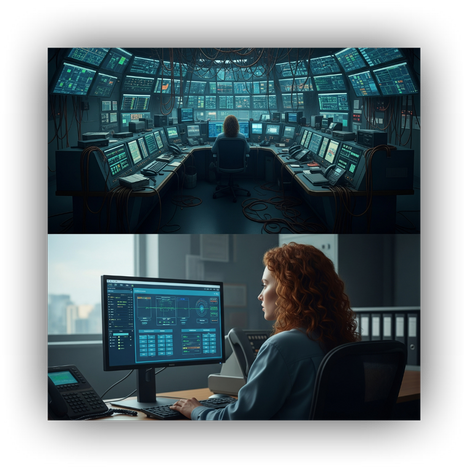 A split image contrasting a complex, overwhelming control room (top) with a single operator calmly using a simple, modern SCADA dashboard on one monitor (bottom).