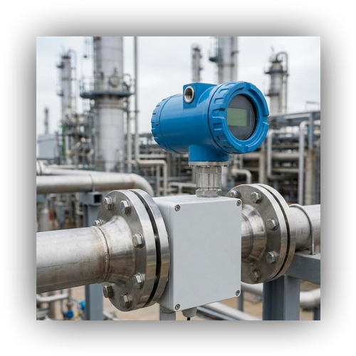 A close-up view of an industrial inline analyzer connected to process piping.