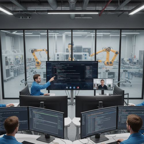 A team of software developers in blue lab coats collaborate on secure coding for industrial control applications at individual workstations. work.jpg